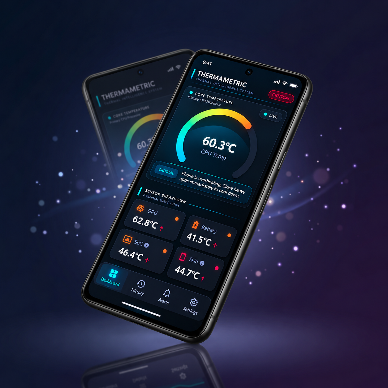 ThermaMetric app dashboard showing real-time temperature gauges for CPU, GPU, and Battery